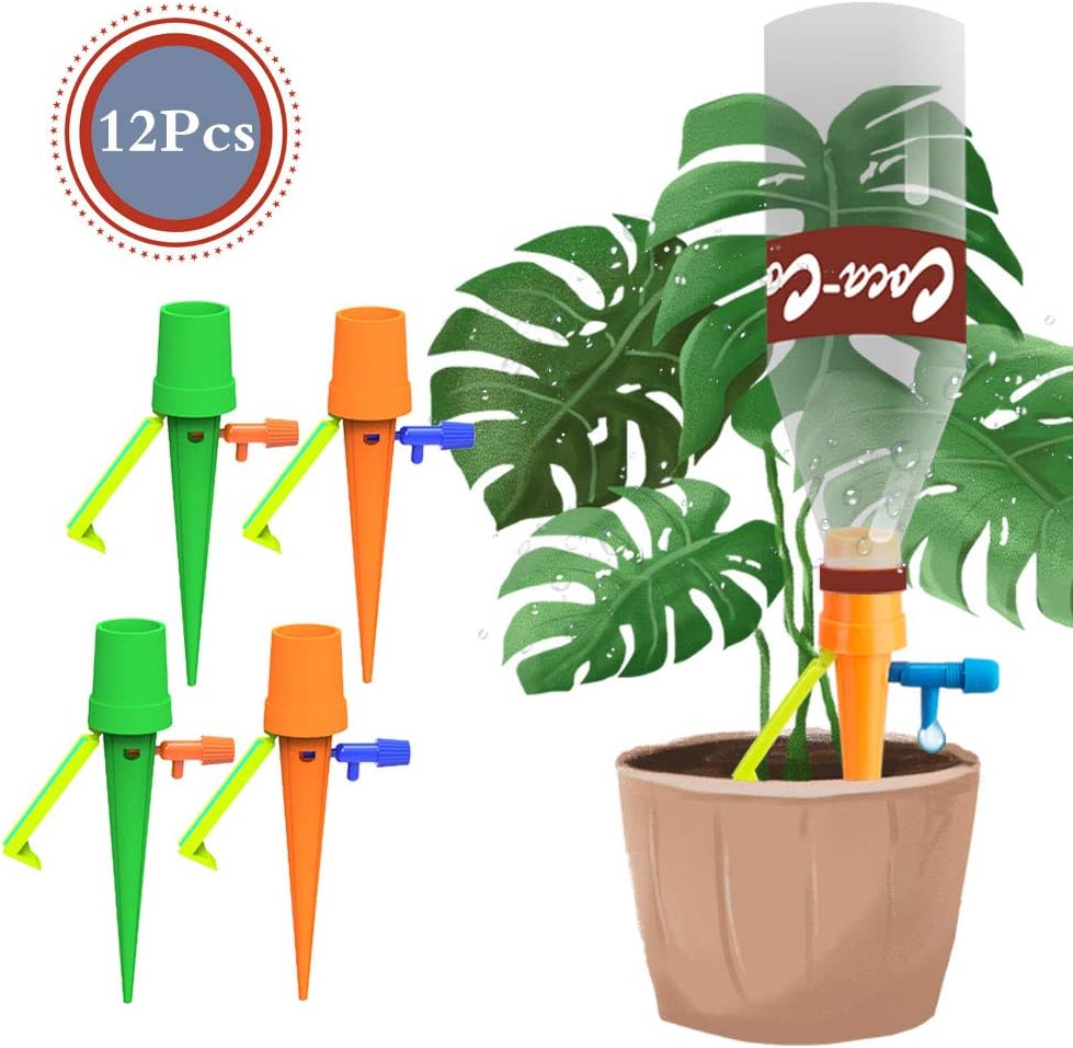 12 Pcs Automatic Plant Watering Spikes - Self Water Plants System Devices with Control Switch, Vacations Potted Waterers Stakes When Away