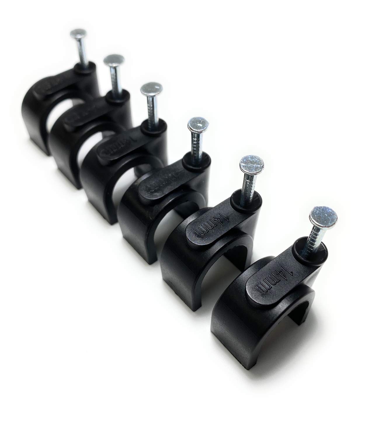 Black Round Cable Clips with Nail Fixings, K-Type 100-Pack (14mm)