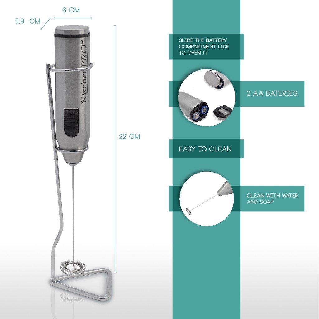 KitchenProP Super light handheld Milk/whisk frother with Stainless stand-Great Gift Idea for Cappuccino, Latte, Matcha Tea, Hot Chocolate, Butter coffee, Protein Shakes, Powder Drinks, Eggs (Grey)