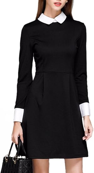 Amazon Co Jp Liebeye ワンピース 長袖 襟付き エレガント 細身 ドレス 白いラペルカラー ソリッドカラー A型 通勤 フォーマル ブラック S 服 ファッション小物