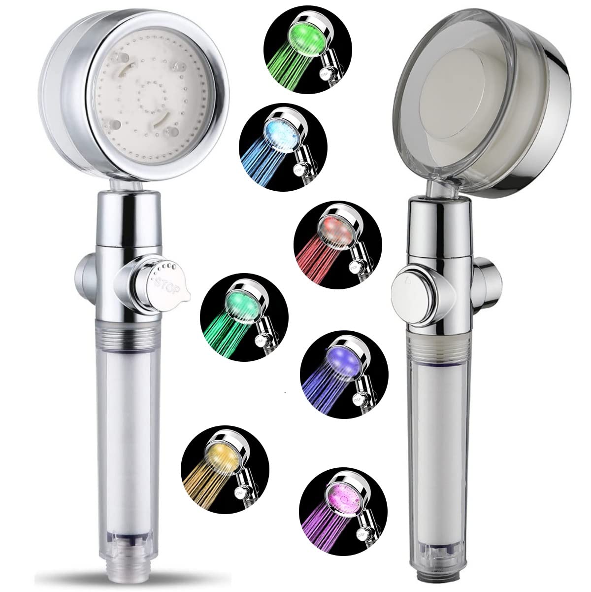 Colorful LED Handheld Shower Head with Light High Pressure Water Saving Shower Head 7 Colors Changing Filter Showerheads Bathroom Accessories One Key Water Stop Multifunction Shower Head Booster