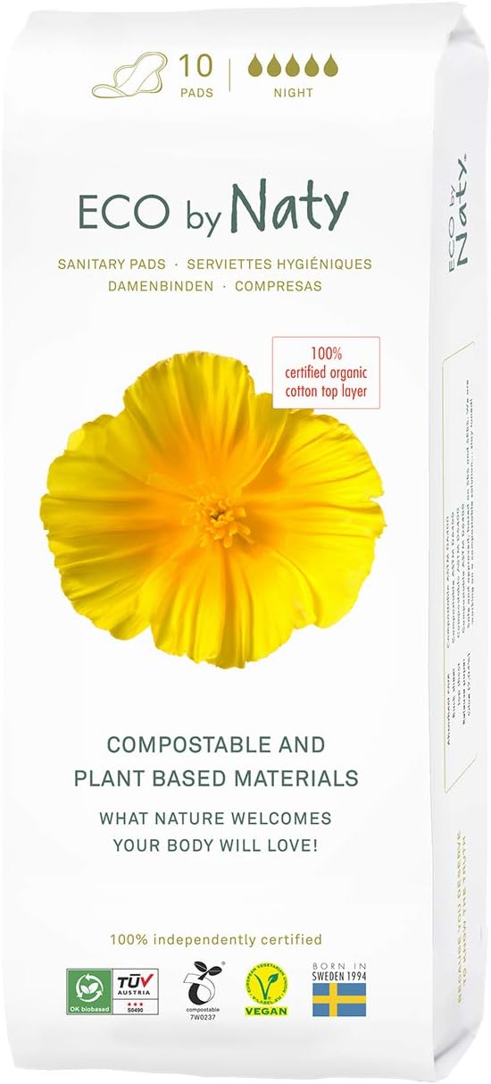 Naty Sanitary Pads Night Plantbased 10 Count Organic Cotton Overnight