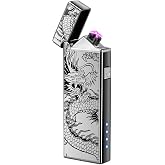 LcFun Electric USB Rechargeable Lighter, Windproof Plasma Dual Arc Lighter with LED Battery Indication, Flameless Cool Lighters Gifts for Men Fathers Husband (Black Dragon)