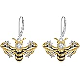 Bee Earrings for Women 14K Gold Plated Sterling Silver Bee Dangle Leverback Earrings with Floral Accents and White Zircon Jewelry Gift for Her