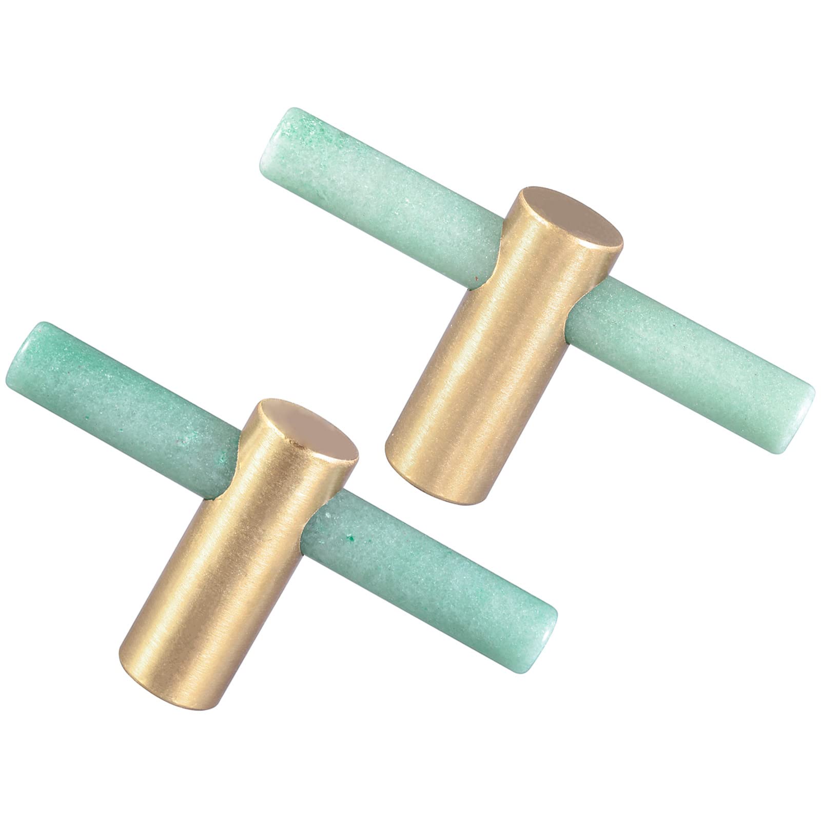 Nupuyai 2pcs Green Aventurine Crystal Stone Drawer Knobs and Pulls, Cylinder Wand Healing Stone Cabinet Knobs Brass Handles for Dresser Kitchen Decor