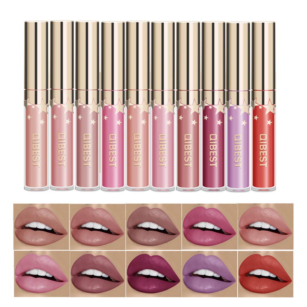 Matte Nude Lipstick Set, 10 Colors Waterproof Long Lasting Lip Gloss Non-Stick Cup Liquid Velvety Lipstick Set (10-1)