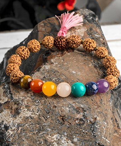 Rudraksha Natural Wood With Gemstones Chakra With Choice of Tassel Color Stretch Bracelet Yoga Protection Energy Healing Spiritual Gifts For Her