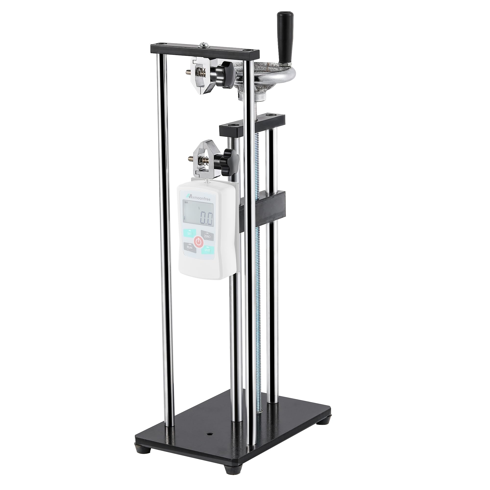 Photo 1 of Mxmoonfree Force Gauge Stand Manual Force Test Stand Push Pull Gauge, Hand Wheel Operated, with 250mm/9.8’’ Stroke, 2 Pcs Testing Clamp, for Compression and Tension Testing (for ZMF Force Gauge)