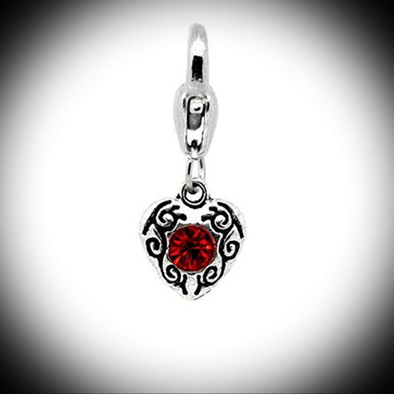 July Red Birthstone Antique Silver Rhinestone Heart Clip On Charms. Fits Thomas Vintage Crafting Pendant Jewelry Making Supplies - DIY for Necklace Bracelet Accessories by CharmingSS