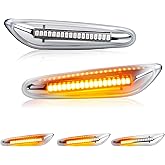 Chrome Side Marker Light for BMW E90 E91 E92 E93 E46 E53 X3 E83 X1 E84 E81 | Clear Lens Sequential Amber, Powered by 18-SMD, LED Side Marker Lights, LED Side Marker Turn Signal Light Assembly, Pack of 2
