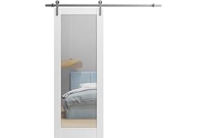 SARTODOORS - Sturdy Barn Door 42 x 84 inches | Lucia 1299 White Silk with Mirror | Stainless Steel 8 FT Rail Hangers Heavy Set | Solid Panel Interior Doors