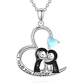 AXOMY Penguin Necklace 925 Sterling Silver Cute Moonstone Heart Shape Pendant Necklace Animal Anniversary Jewelry Gifts for Women Penguin Lover
