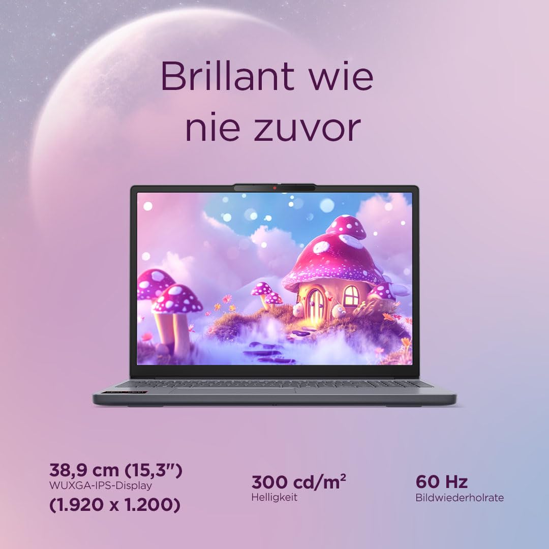 Lenovo IdeaPad Slim 3 Laptop | 15.3" WUXGA Display | AMD Ryzen 5 150 | 512GB SSD | 16GB RAM | AMD Radeon Grafik | QWERTZ | Windows 11 | Luna Grau | 3 Monate Premium Care 3
