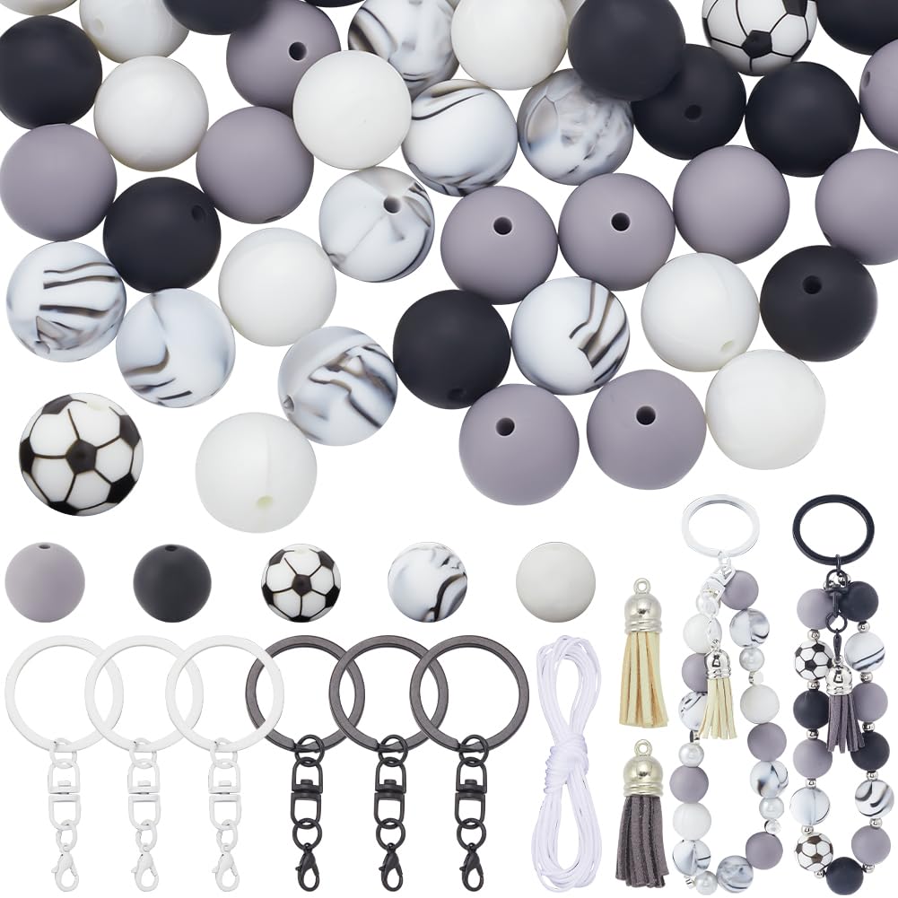 SOFPLATE 127pcs Soccer Silicone Beads 15mm Sports Key Chains Kits Silicone Black Grey Football Keychains Kits With Tassel And Nylon Thread for Jewellery Making Holiday Party Decors Keychain Diy