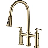 SUMERAIN 8-Inch Centerset Kitchen Bridge Faucet with Pull Down Sprayer 3 Hole Kitchen Faucet Stainless Steel, Brushed Gold