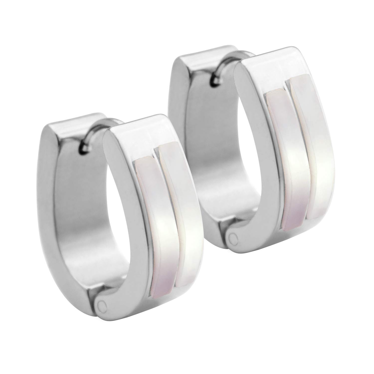 555Jewelry Stainless Steel & Shell, Mother of Pearl, Abalone Thick Oval Huggie Earrings for Women, Hoops Earrings for Women, Hypoallergenic Hoop Earrings, Huggie Hoop Earrings, Silver