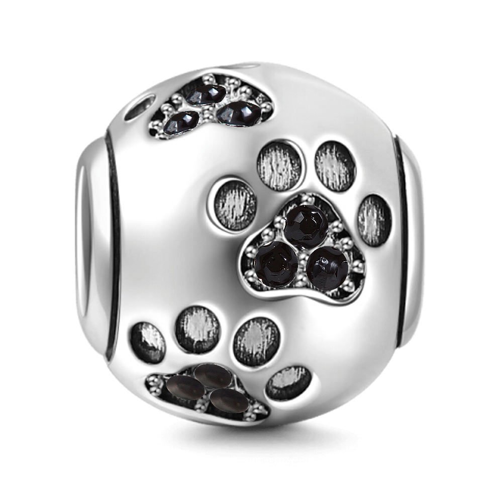 925 Sterling Silver Dog Paw Charm Footprint Charm Animal Charm Birthday Charm Pet Charm for Pandora Bracelet (Black)