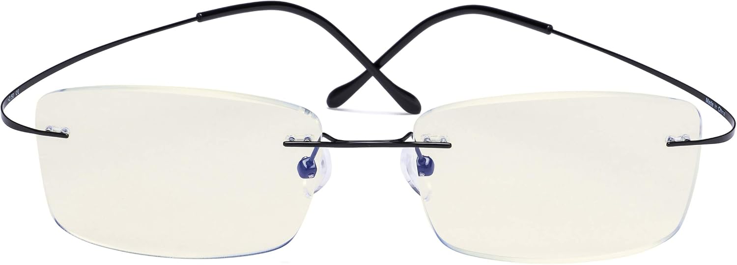 CessBlu Rimless Blue Light Blocking Glasses for Men Reading Computer Titanium Computer Readers Cut UV Rays Bendable (Black) +1.75