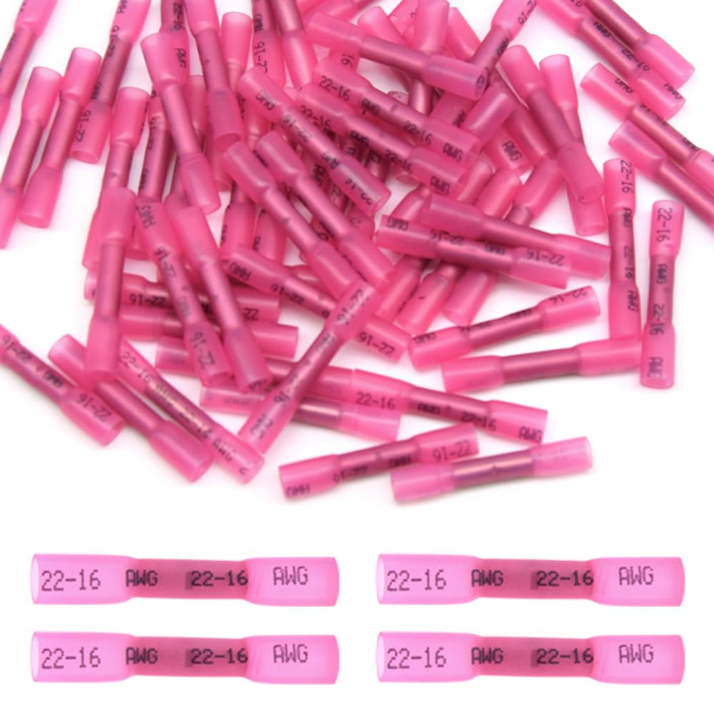 Yosawo 100 Piece Cable Lug Butt Connectors Shrink Connectors Cable Lugs Crimp Connectors 16-22 AWG Red (RSTH)