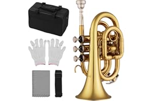 Sangmei Mini Pocket Trumpet Bb Flat Brass Material Wind Instrument with Mouthpiece Gloves Cleaning Cloth Carrying Case