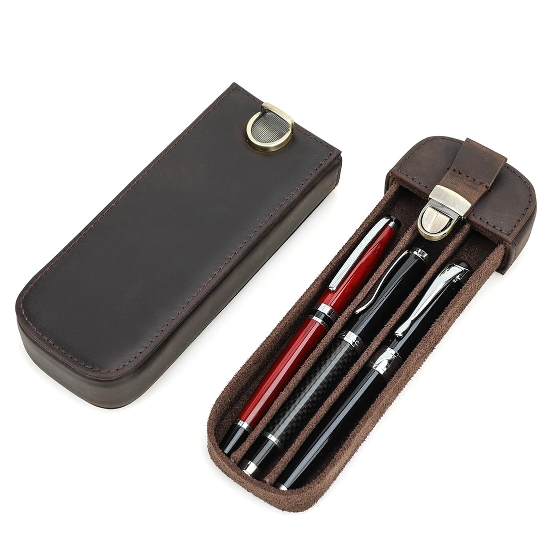 CONTACTS Genuine Leather Pen Case,Vintage 3 Pens Holder,Pen Protective Travel Sleeve,Old School Elegant Desk Accessory,Pencils Organizer Box