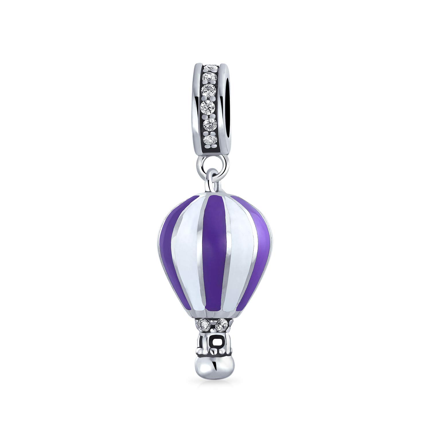 Bling Jewelry Vacation Travel White Purple Crystal Hot Air Balloon Dangle Charm Bead For Women Enamel .925 Sterling Silver Fit European Bracelet