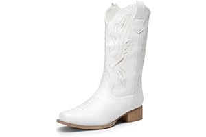 DREAM PAIRS Women's Square Toe Cowboy Cowgirl Boots Pull On Low Chunky Heel Mid Calf Western Boots with Embroidered Stitched for Theme Party Country Concert