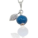 Abgaryan ART Handmade Enamel Blueberry Pendant Necklace with Crystal Leaf, Silver Chain, Blue
