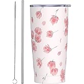 YIKISSKID Pink Floral 20oz Tumbler with Lid and Straw for Women, Pink Cherry Blossoms Floral Insulated Mug Watercolor Cherry Blossom Stainless Steel Tumbler Double Wall Vacuum Travel Mug Coffee Cup