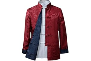 GaoLeAve Men's Silk Tang Suit Jacket Traditional Chinese Shirt Style with Kung Fu Collar Hanfu Top on Both Sides