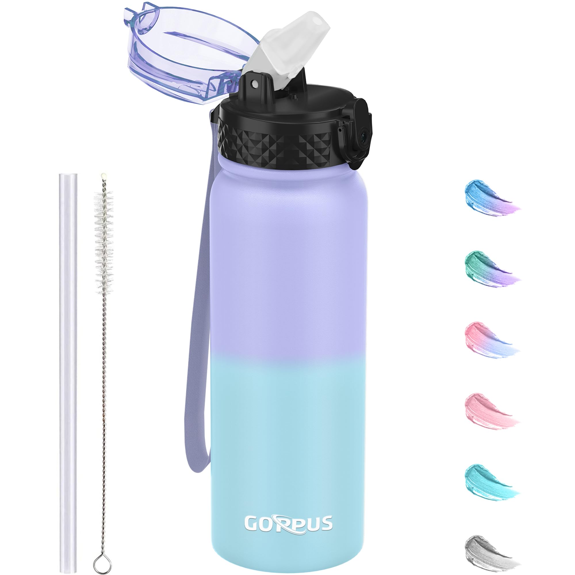GOPPUS 600ml/20oz Stainless Water Bottle with Straw Double Wall Insulated Bottles with Strap One Hand Open Vacuum Thermal Flask Leakproof Keep Cold Bottles with Flip Top Lid BPA Free (Purple Blue)