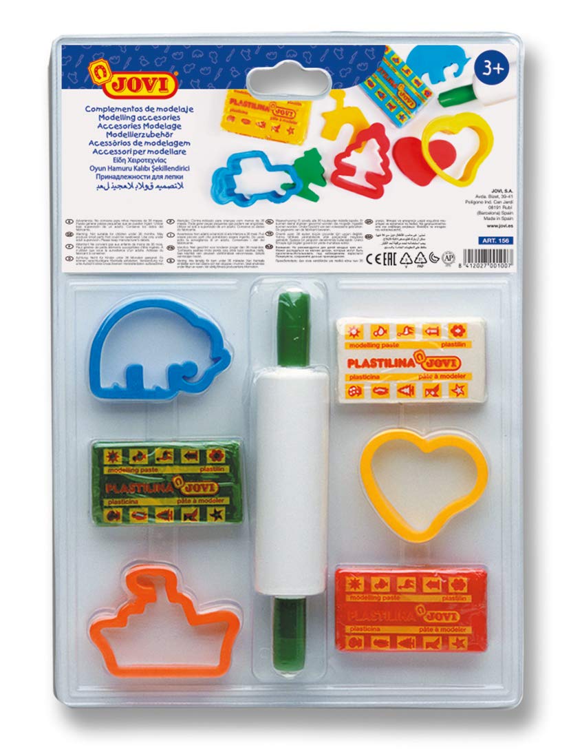 Jovi Plasticine Modelling Clay Set, Easy Mouldable Modelling Clay for Children from 3 Years, Blister Pack of 3 Colours and Accessories
