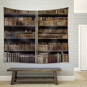 Historic Old Books in Ancient Library, Wooden Bookshelf - Fabric Wall Tapestry Home Decor - 51x60 inches