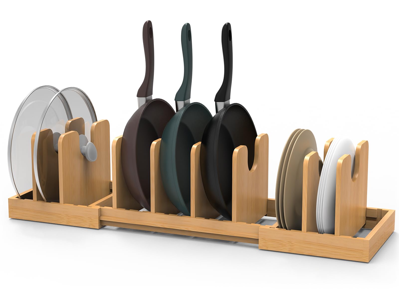 Photo 1 of WRONWA Pots and Pans Organizer Under Cabinet, Expandable Pot Lid Organizer, Bamboo Pan Organizer, Pot and Pan Organizer Rack for Kitchen Countertop or inside Cabinet