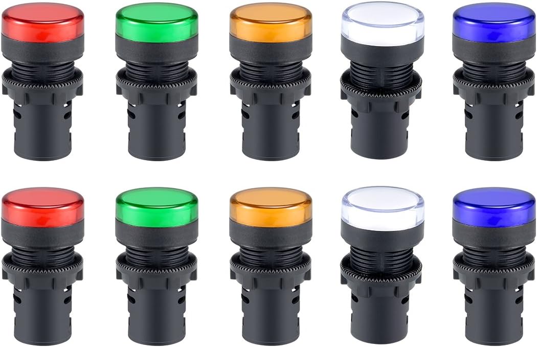 sourcing map 10Pcs AC 220V Indicator Lights, Red+Blue+Yellow+Green+White LED, Flush Panel Mount 7/8" 22mm