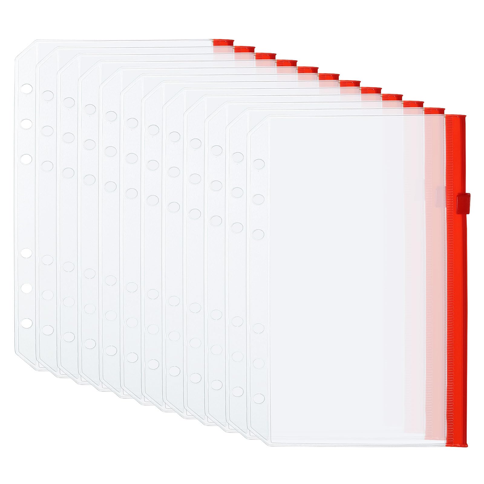 PATIKIL A6 Clear Binder Pocket, 12 Pack PVC Zipper 6 Holes Binder Pouch Folders Document Waterproof Filing Storage Loose Leaf Bags for 6-Ring Notebook Binder, Red