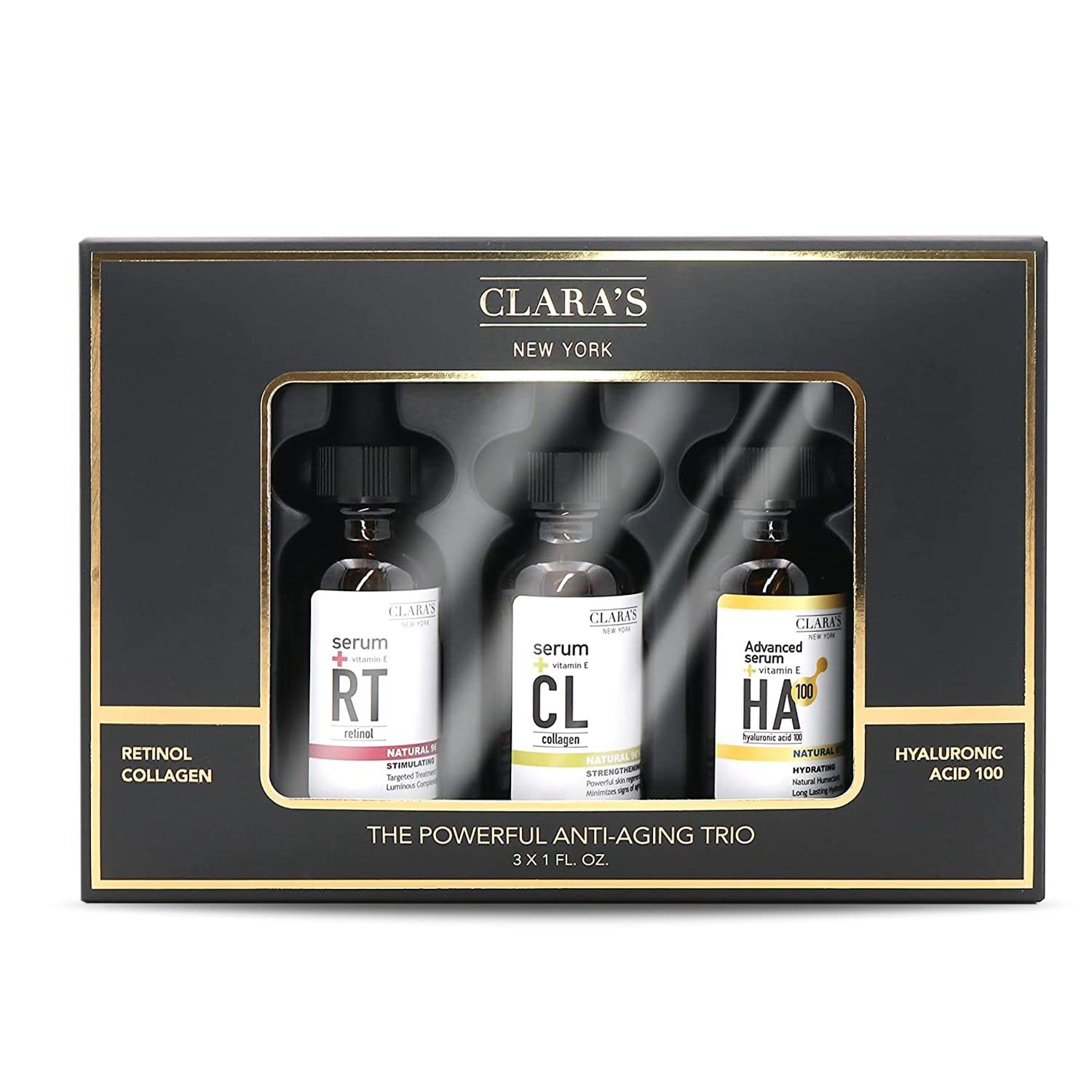 Clara's New York The Powerful Anti-Aging Trio Facial Serum Gift Set, Three Full Size Anti-Aging Face Serums with Retinol Collagen and Hyaluronic Acid 3 x 30ml