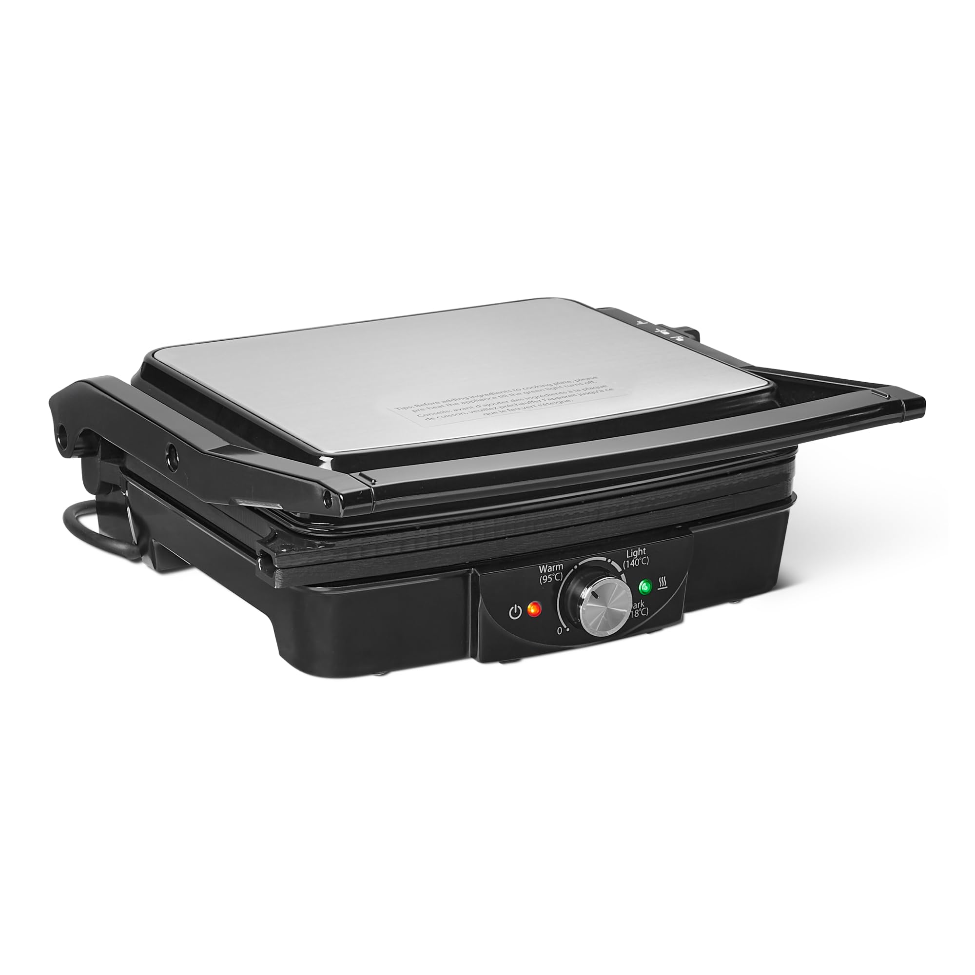 Amazon Basics Elektrischer Kontaktgrill mit Temperaturregelung, Plattengriller für Sandwiches, Paninis, Burger, Antihaftplatten, 2000W, Schwarz