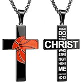 Basketball Cross Necklace for Boys Men, Stainless Steel Cross Pendant Chain 21+2 Inches, Inspirational Bible Verse Quote Religious Christmas Basketball Gifts for Team Player Fans Coach