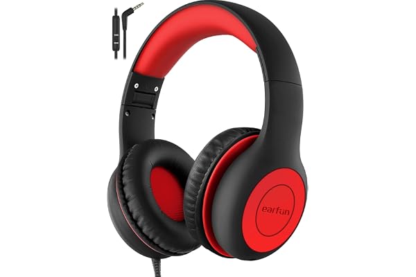 EarFun K1 Kids Headphones Wired with Mic, Volume Limit Headphones for Kids | Portable Wired Headphone with Shareport, Stereo Sound, Foldable Headset for School/Toddler/Tablet/iPad/Kindle, Black Red