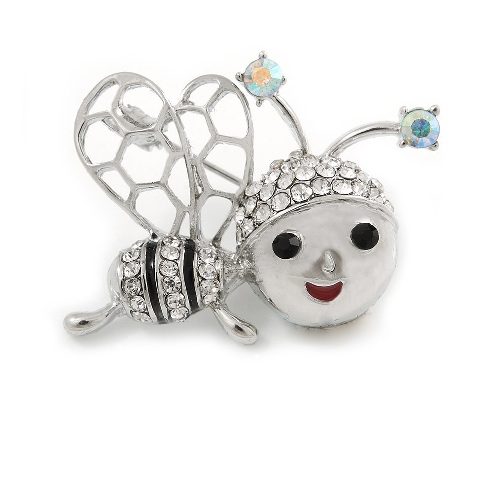 Cute Crystal Baby Bee In Silver Tone Metal - 35mm Across