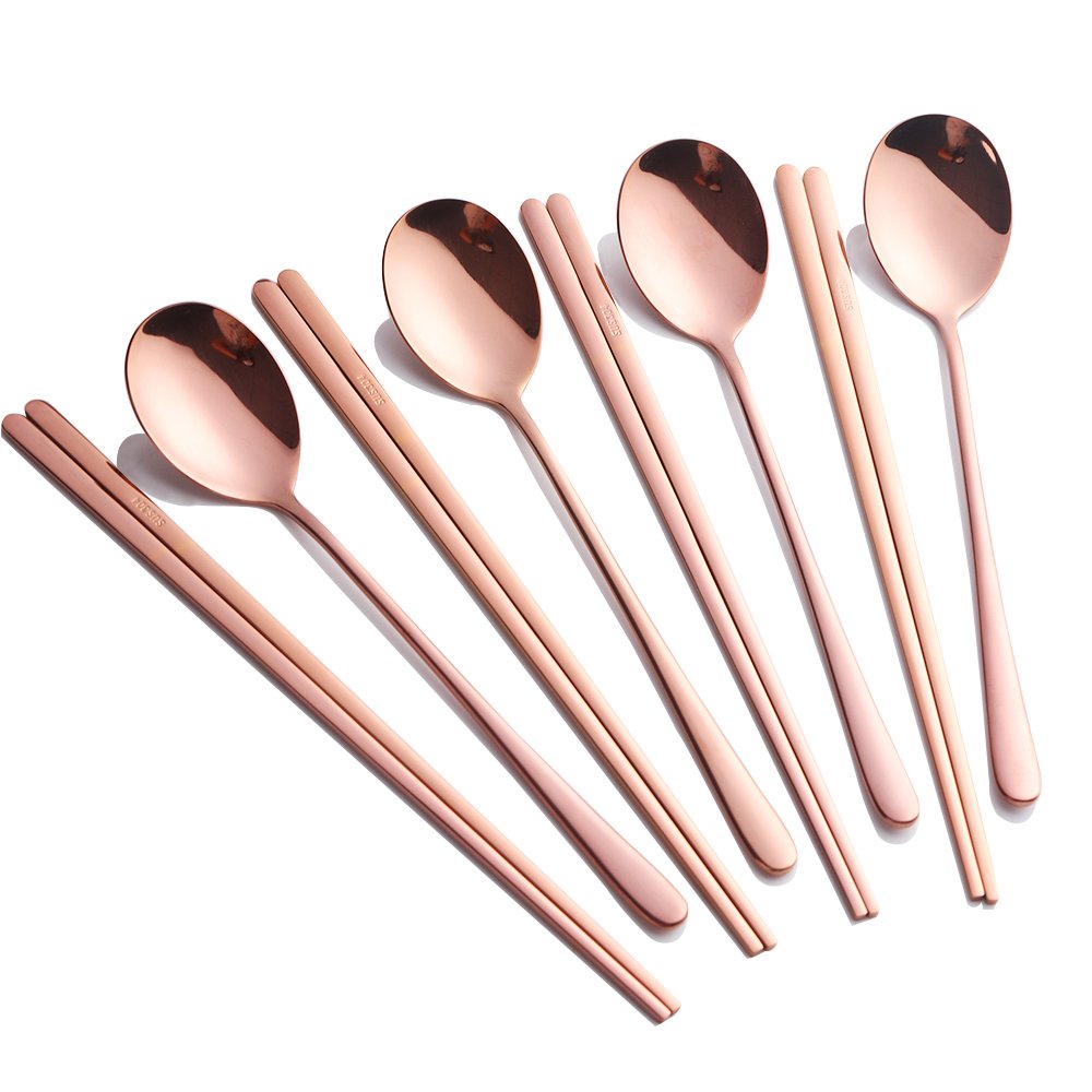 Buyer Star Korean Chopsticks & Spoon Set, 8-Piece Flatware Service for 4, Perfect for Korean BBQ, Noodles, and Soups, Dishwasher Safe