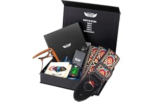 Stage Rocker Guitar Accessories Gift Box for Acoustic and Electric Guitars, Red Jacquard Weave Guitar Strap, Picks, Capo, Tuner, Cleaning Cloth, 5-in-1 Essential Gift