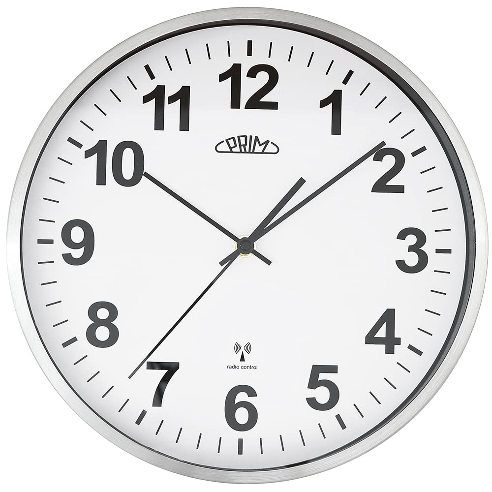 PRIM Design Radio Control Wireless Wall Clock, White/Silver, Radio-Controlled Metal, Radio-Controlled Wall Clock, Modern, Beautiful Decoration for Any Room, Diameter 303 mm, Perfect as a Kitchen