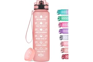 MEITAGIE 32oz Motivational Water Bottle with Time Marker & Fruit Strainer, Leak-proof BPA Free Non-Toxic 1l Bottle with Carrying Strap, Perfect for Fitness, Gym and Outdoor Sports (Rose Quartz)