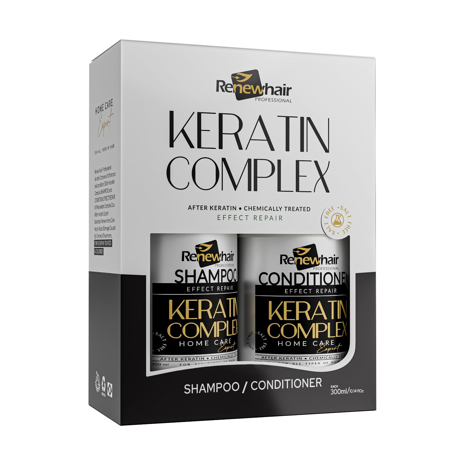 Renew Hair Professional Post-Treatment Shampoo & Conditioner – Keratin Complex Home Care Expert – Salt-Free, Sulfate-Free, Vegan – 2 x 300ml