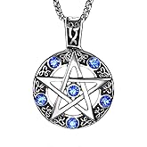 Leprato Stainless Steel Pentagram Pendant Necklace High Polished Blue Crystal Pentacle Charm Amulet Pendant Necklace for Men Women