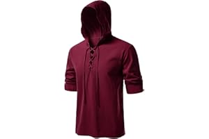 JEMITOP Men's Pure Cotton Retro Style Lace Up Hooded Shirts for Renaissance Pirate Viking Medieval Costume