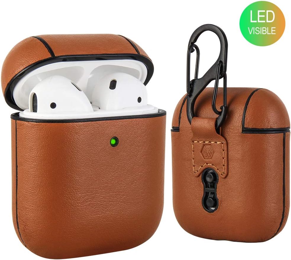 Case for Airpod Genuine Leather Protective Cover with Keychain Compatiable for Apple AirPods 2/1 Support Wireless Charging Brown