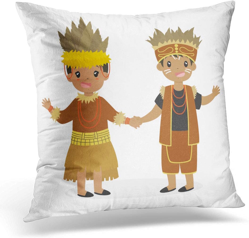 Amazon スロー枕カバーカラフルな幸せな男の子と女の子のパプアの伝統的な衣装を着て 手を繋いでいるインドネシアの子供たちの漫画装飾的な枕カバー家の装飾広場10 X 10 枕カバー 寝具カバー シーツ オンライン通販